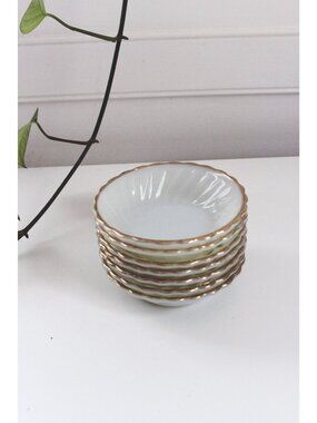 Vintage Milk Glass Bowls Set of 7 - Anchor Hocking Fire-King - Gold Trim Scallop